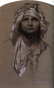  distinct Oil Painting - Head of a Girl Czech Art Nouveau distinct Alphonse Mucha